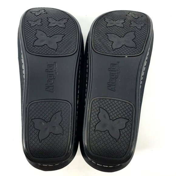 Alegria by PG Lite EU41/ US 9.5 Black Leather Silver Rose Embossed Mules Clogs - Picture 9 of 10